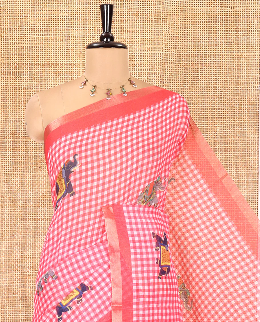 Pink Linen Cotton Saree, Elevated with Micro-Checks and Elephant Motifs on Its Body, Complemented by a Contrast Border, Striped Pallu, and Paired with a Contrast Elephant Motifs Printed Blouse - Image 2