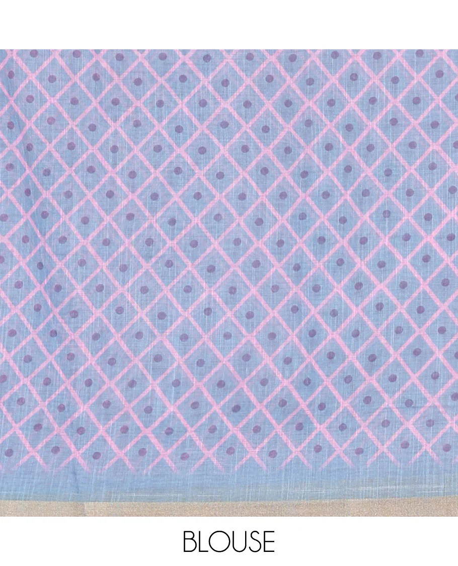 Pink Linen Saree, Adorned with Floral Motifs Printed on Its Body, a Subtle Piping Border, Pallu Steeped with Floral Motifs and Stripes, and Paired with a Contrast Blouse - Image 3