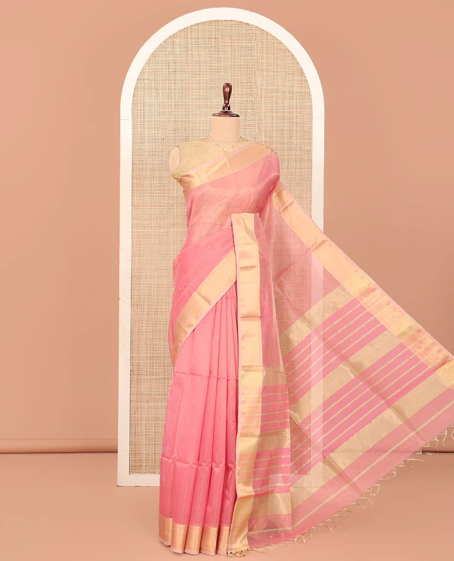 Pink Maheshwari Cotton Saree, Subtly Sparkled with Stripes, Highlighted by Zari Bavanji Border, Pallu of Zari Stripes, and Paired with a Contrast Blouse
