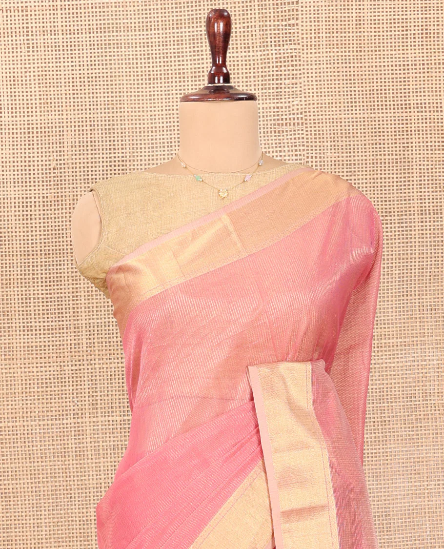 Pink Maheshwari Cotton Saree, Subtly Sparkled with Stripes, Highlighted by Zari Bavanji Border, Pallu of Zari Stripes, and Paired with a Contrast Blouse - Image 3