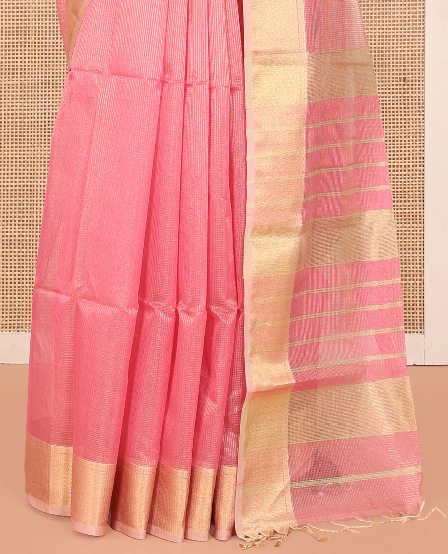 Pink Maheshwari Cotton Saree, Subtly Sparkled with Stripes, Highlighted by Zari Bavanji Border, Pallu of Zari Stripes, and Paired with a Contrast Blouse - Image 4