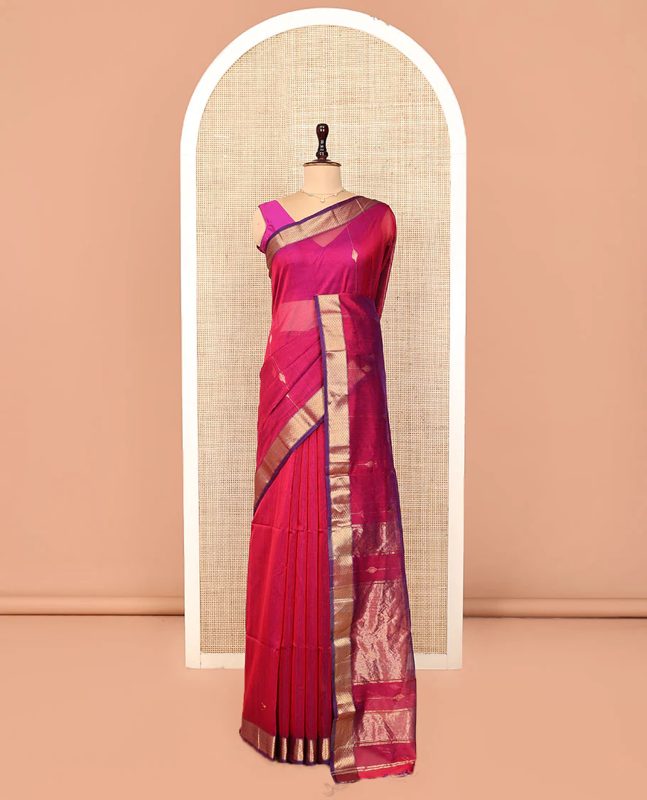 Pink Maheshwari Cotton Saree, Uniquely Detailed with Diamond Stripes on Its Body, Complemented by a Contrast Border of Traditional Designs, Pallu Steeped with Zari Stripes, and Paired with a Matching Blouse - Image 3