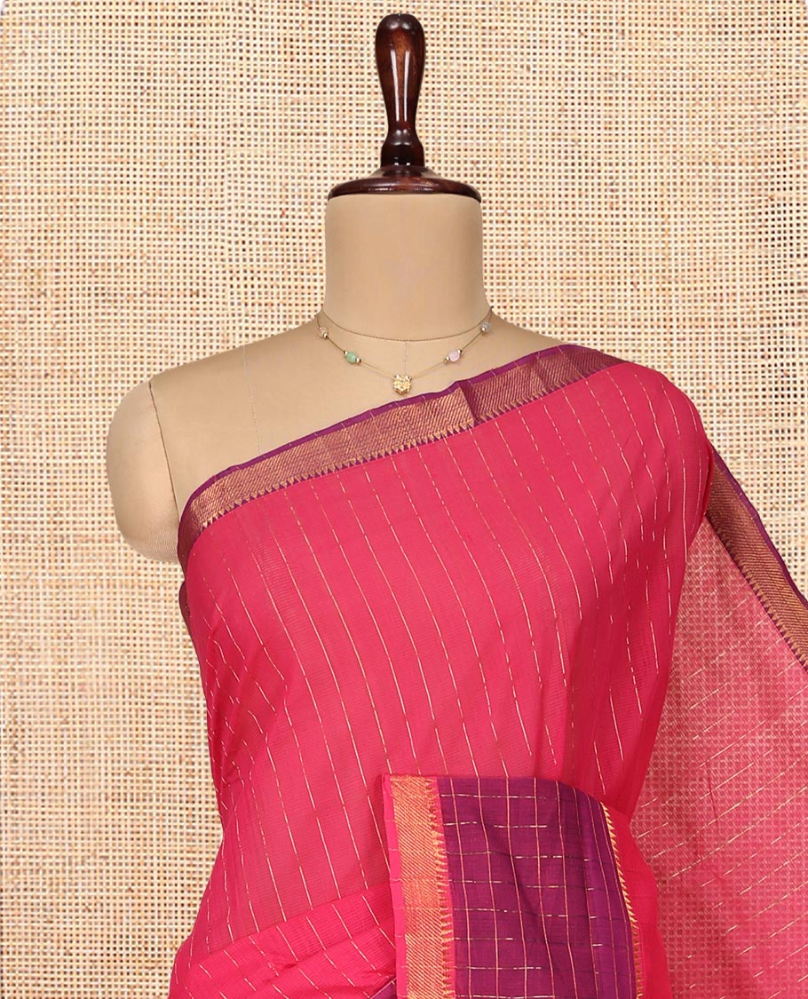 Pink Mangalgiri Cotton Saree, Sparsely Woven with Stripes on Its Body, Complemented by Contrast Zari Temple Checked Border, Zari-Striped Pallu, and Paired with a Contrast Blouse - Image 2