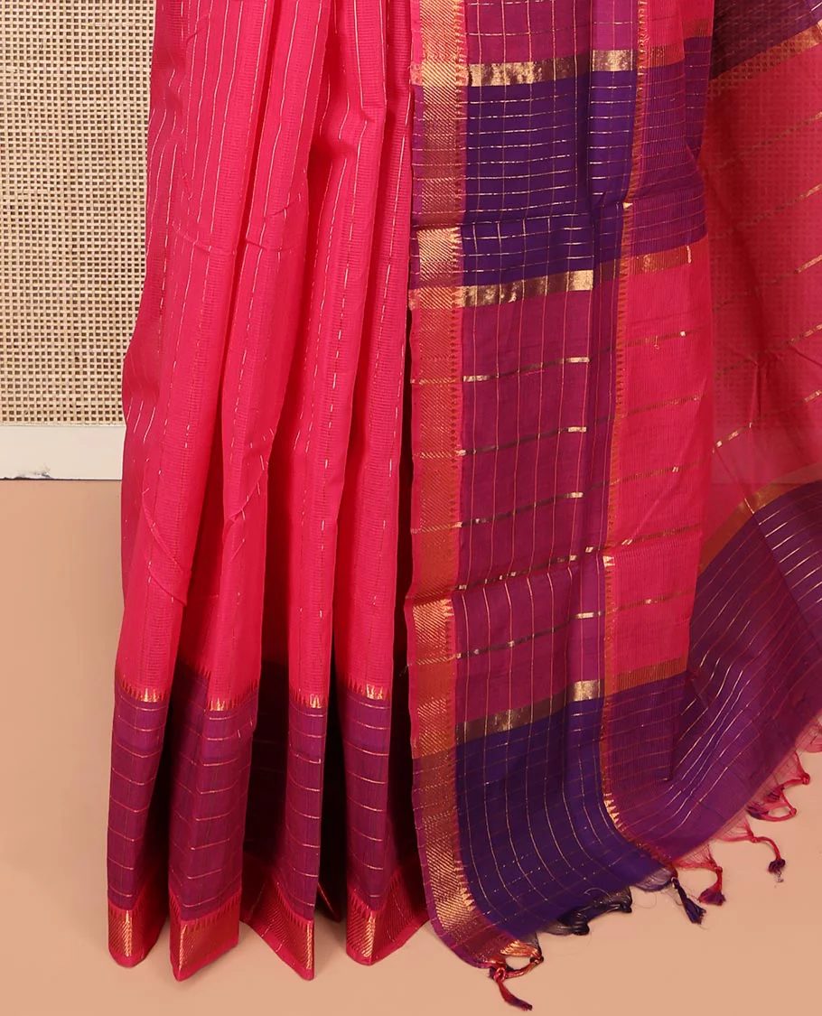 Pink Mangalgiri Cotton Saree, Sparsely Woven with Stripes on Its Body, Complemented by Contrast Zari Temple Checked Border, Zari-Striped Pallu, and Paired with a Contrast Blouse - Image 3