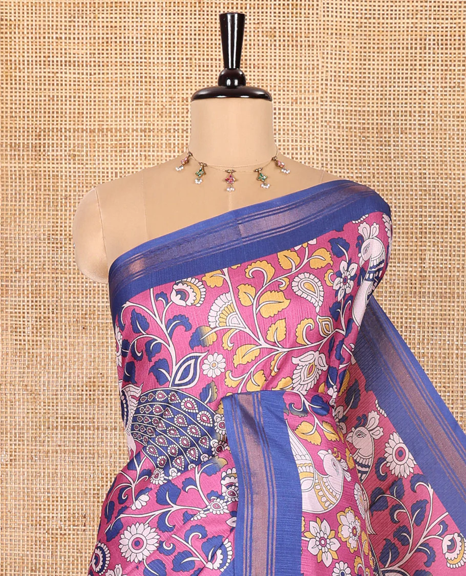 Pink Manipuri Silk Saree, Accentuated with Kalamkari-Style Floral Vine and Peacock Motifs Printed All Over Its Body, Complemented by a Contrast Zari Border, Pallu of Chevron Stripes, and Paired with a Contrast Blouse - Image 2
