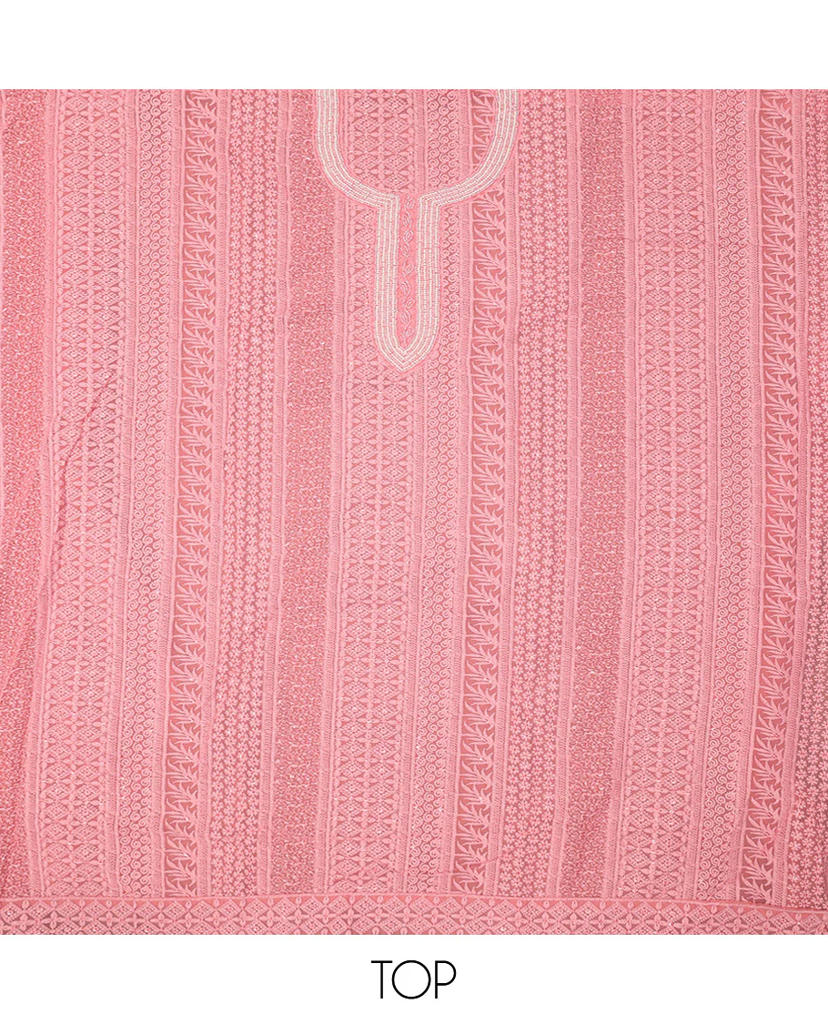 Pink Material Chudidar Set, Accentuated with Chikankari-Style Embroidery and Neck Work on Georgette Top, a Plain Santoon Bottom, and Paired with a Floral Vine Embroidery Georgette Dupatta - Image 2