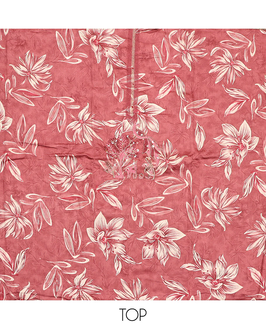 Pink Material Chudidar Set, Accentuated with Floral Print, and Embroidery on Its Muslin Top, a Plain Cotton Bottom, and Paired with a Peacock Printed Lilan Cotton Dupatta - Image 2
