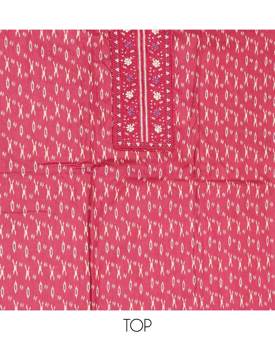 Pink Material Chudidar Set, Adorned with Ikkat-Style Buttas Printed and Neck Embroidery Cotton Top, Complemented by Contrast Printed Cotton Bottom, and Paired with Ikkat-Style Printed Cotton Dupatta - Image 2