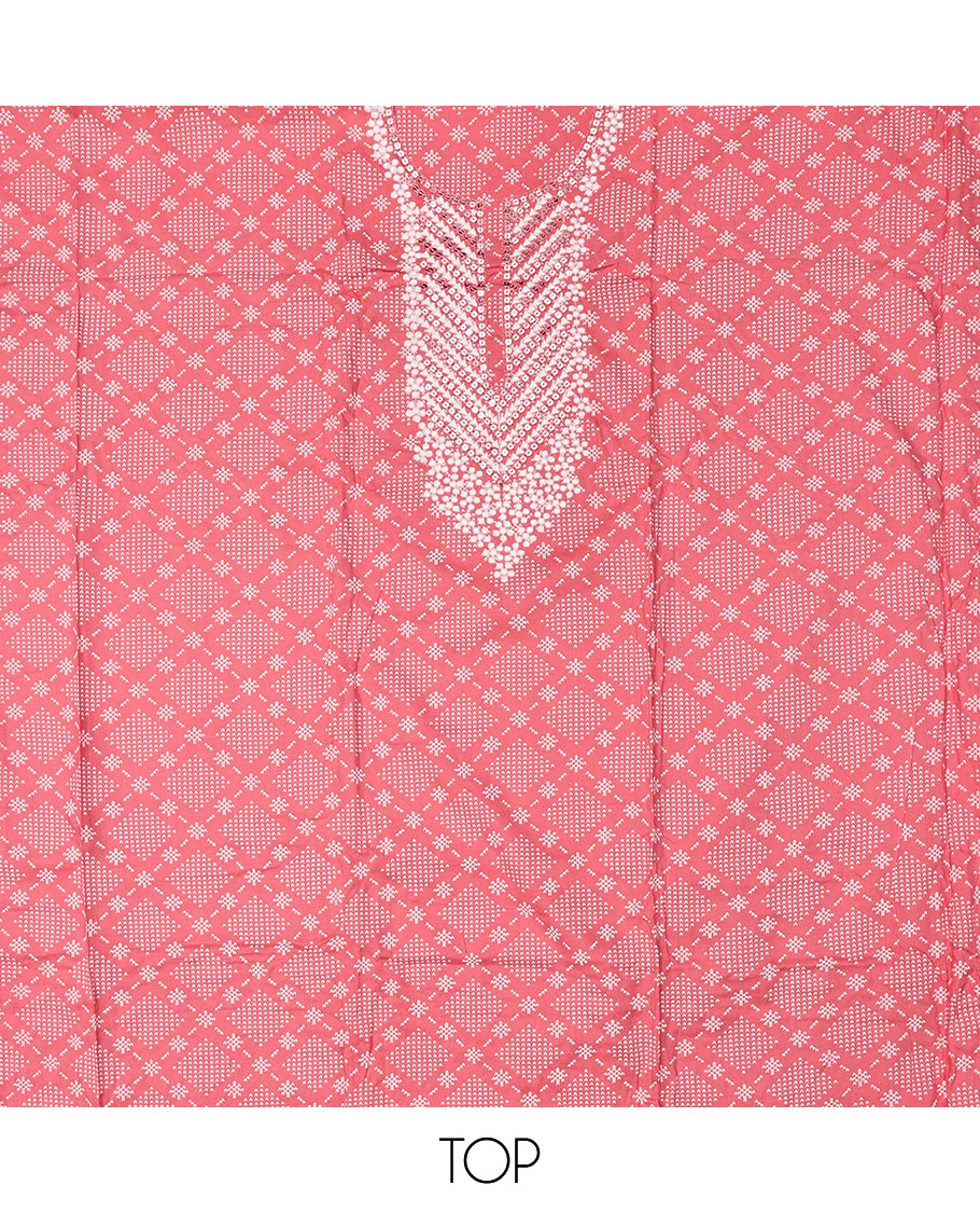 Pink Material Chudidar Set, Adorned with Jaal-Pattern Print and Neck Embroidery on Rayon Top, a Contrast Polka Dot Printed Bottom, and Paired with Embroidered Chiffon Dupatta - Image 2