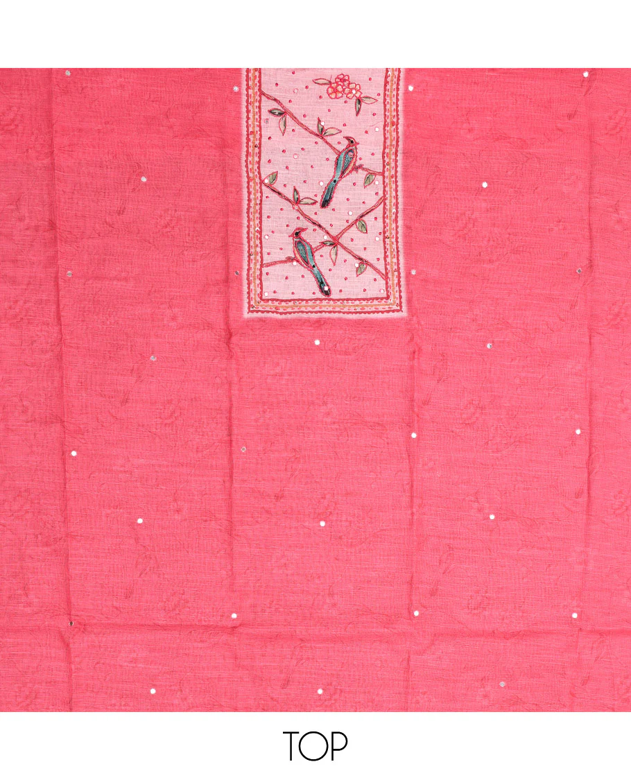 Pink  Material Chudidar Set, Artfully Detailed with Mirror Work and Floral-Bird Print and Embroidered Neck Work Lilan Cotton Top, a Plain Rayon Bottom, and Paired with a Contrast Floral-Bird-Printed Lilan Cotton Dupatta - Image 2