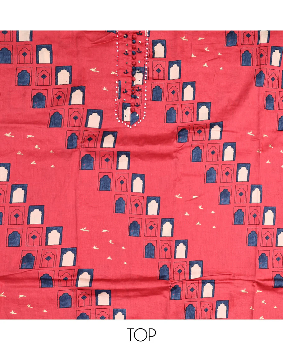 Pink Material Chudidar Set, Creatively Printed with Mughal-Style Arches Printed Rayon Top, a Plain Rayon Bottom, and Paired with a Mughal-Style Arches Printed Cotton Dupatta - Image 2