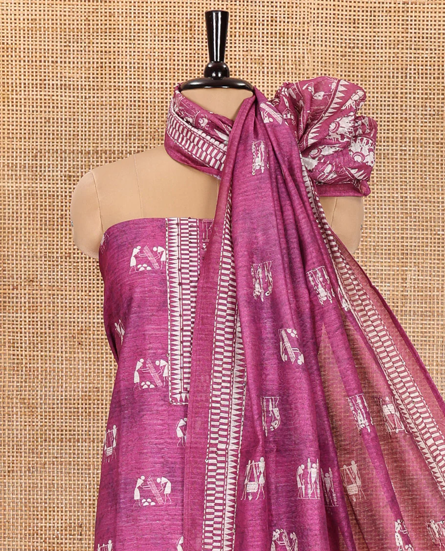 Pink Material Churidar Set, Beautifully Designed with Warli Motifs Printed on Chanderi Top, Comes with a Plain Santoon Bottom, and Is Paired with a Chanderi Dupatta Featuring Warli-Village Themed Motifs Print - Image 3