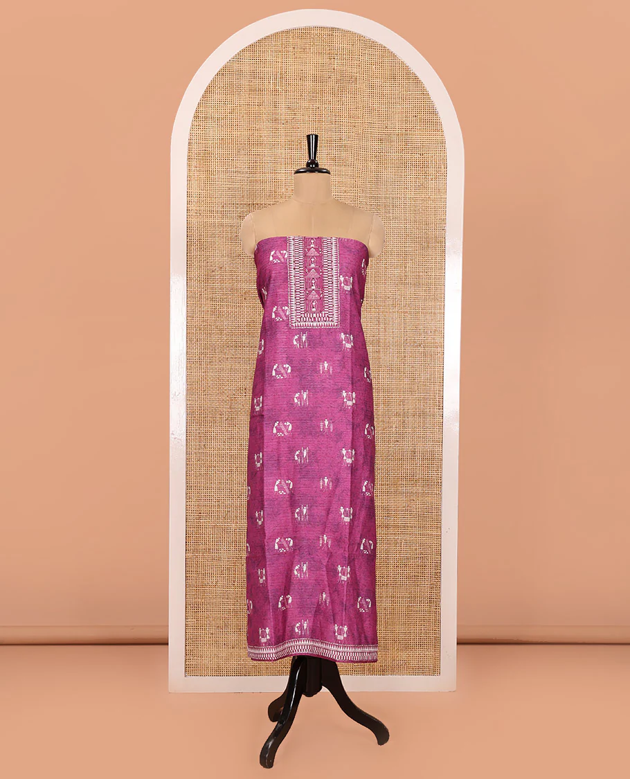 Pink Material Churidar Set, Beautifully Designed with Warli Motifs Printed on Chanderi Top, Comes with a Plain Santoon Bottom, and Is Paired with a Chanderi Dupatta Featuring Warli-Village Themed Motifs Print - Image 4