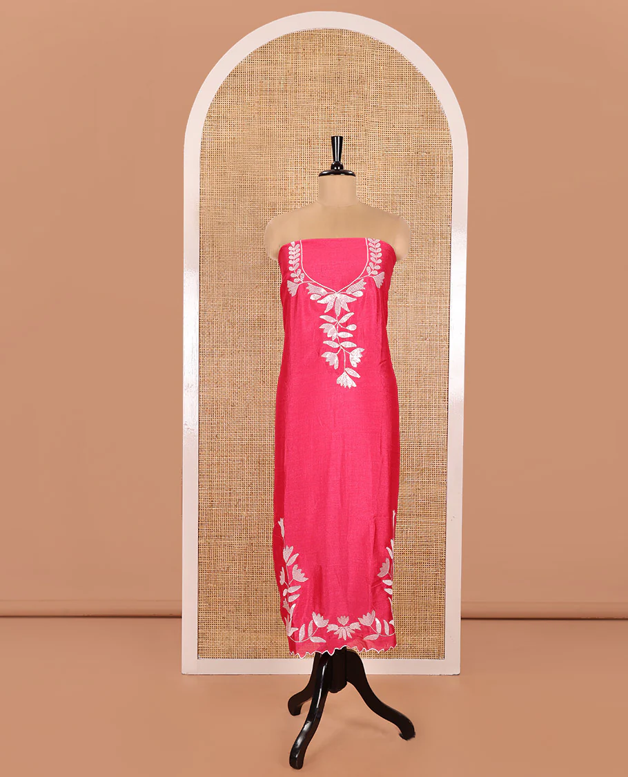 Pink Material Churidar Set, Detailed with Floral Motifs Sequins-Thread Embroidered on Its Vichitra Silk Top, Comes with a Contrast Santoon Bottom, and Paired with a Vichitra Silk Floral Embroidered Scallop Dupatta - Image 4