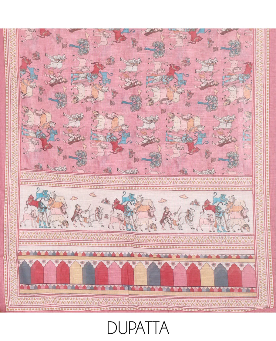 Pink Material Churidar Set, Sparsely Woven with Buttas and Pichwai Cow Printed Semi-Linen Top, Comes with a Contrast Plain Santoon Bottom, Santoon Dupatta of Unique Pichwai and Human Figurines Print - Image 2