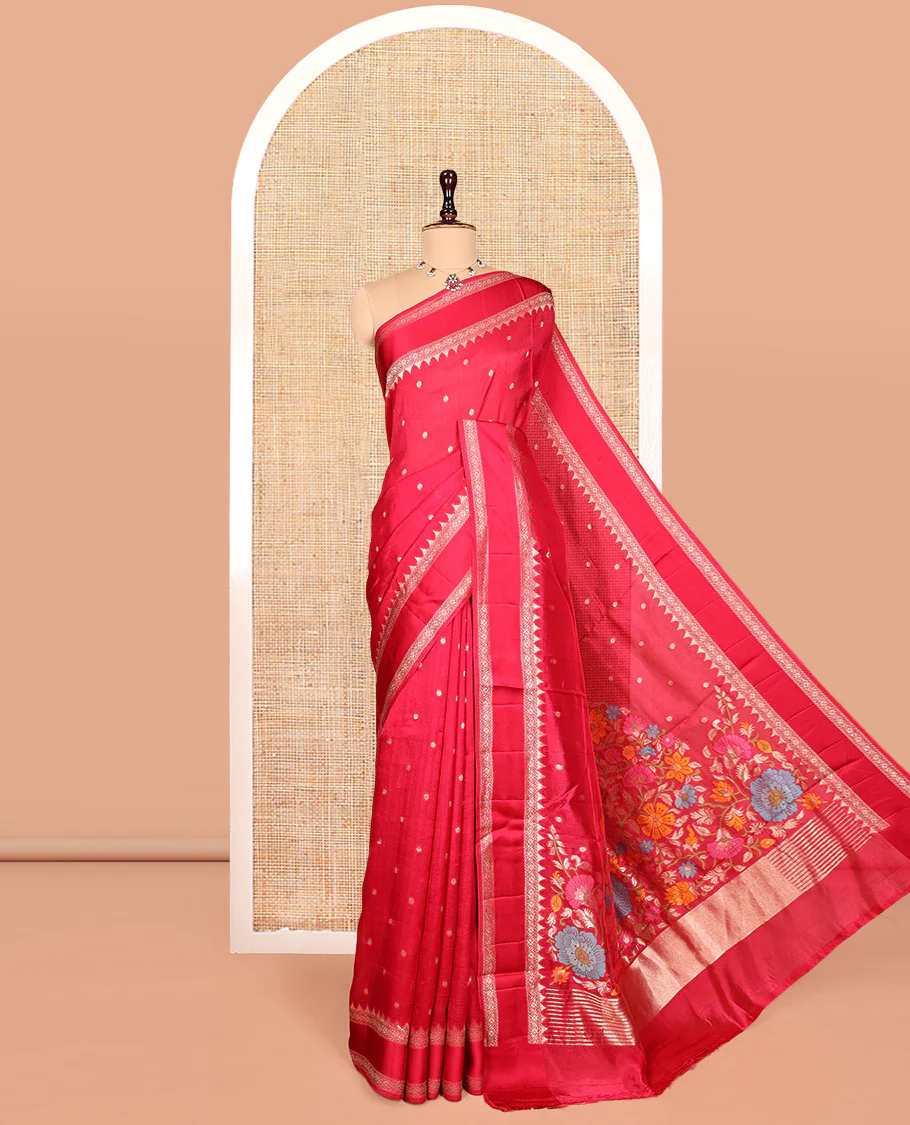 Pink Matka Silk Saree, Detailed with Meenakari Floral Vine All Over Its Body, Highlighted by Temple Rettai Pettu Border, Pallu of Stripes, and Paired with a Matching Blouse