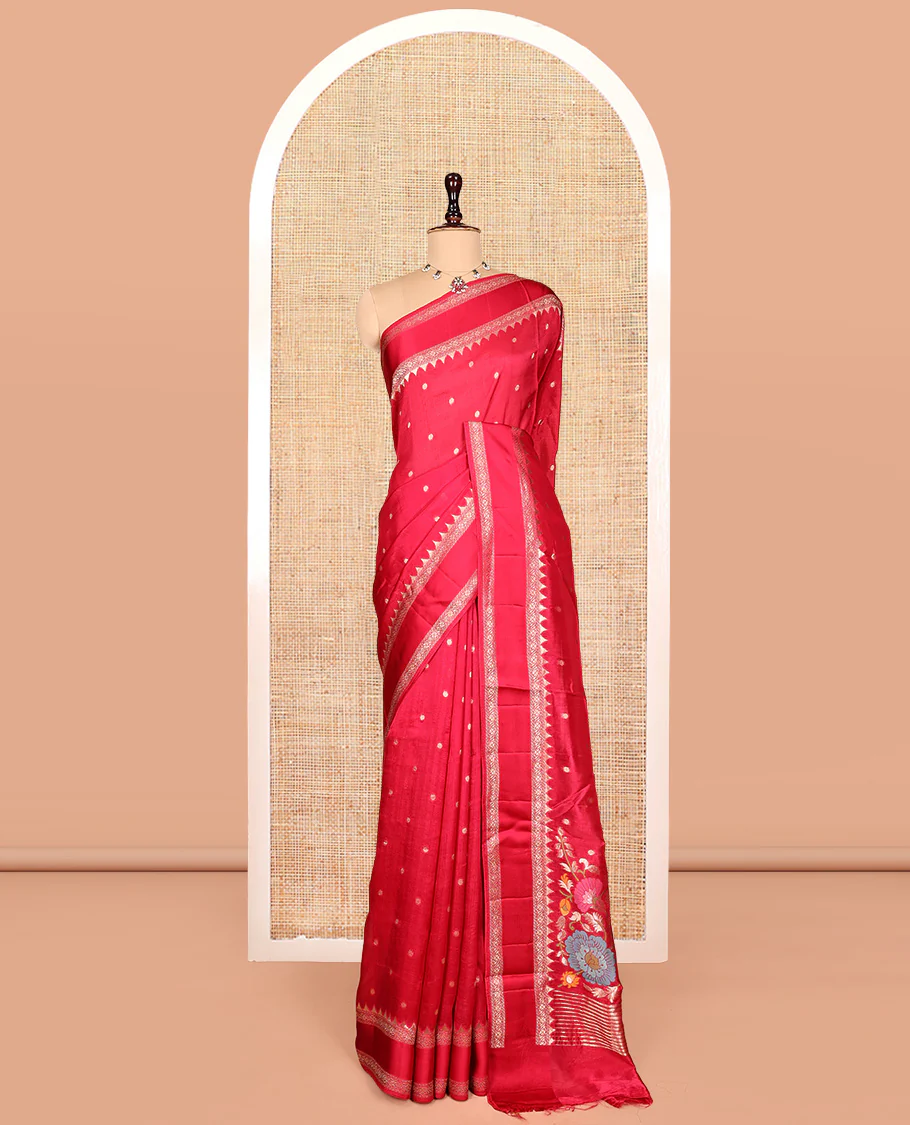 Pink Matka Silk Saree, Detailed with Meenakari Floral Vine All Over Its Body, Highlighted by Temple Rettai Pettu Border, Pallu of Stripes, and Paired with a Matching Blouse - Image 3