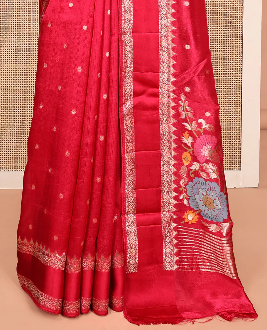 Pink Matka Silk Saree, Detailed with Meenakari Floral Vine All Over Its Body, Highlighted by Temple Rettai Pettu Border, Pallu of Stripes, and Paired with a Matching Blouse - Image 4