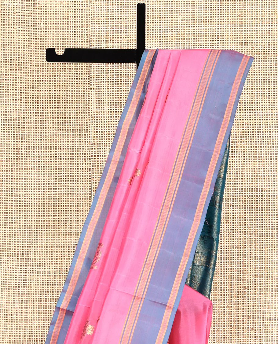 Pink Mayuri Lite Silk Mix Saree, Masterfully Woven with Zari Buttas All Over Its Body, Complemented by a Contrast Border, Pallu of Intricate Zari Designs, and Paired with a Contrast Blouse - Image 3