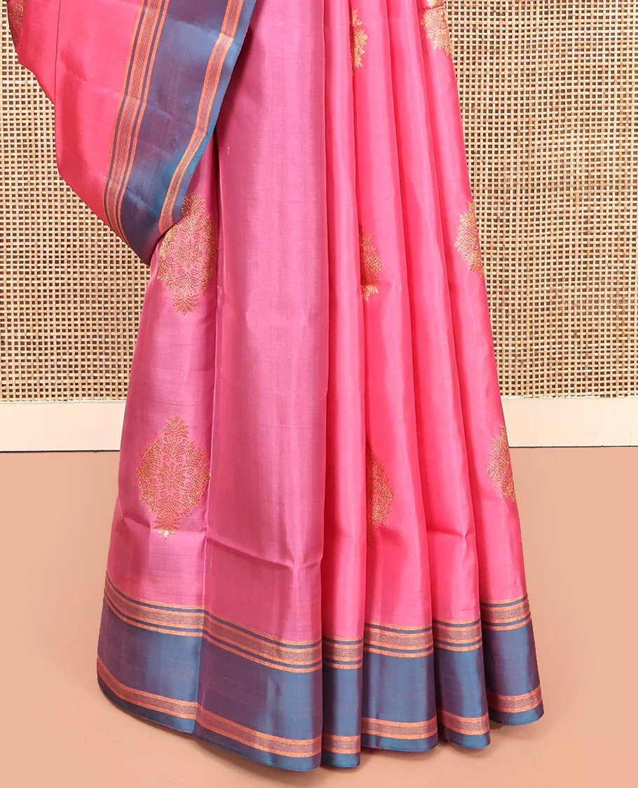 Pink Mayuri Lite Silk Mix Saree, Masterfully Woven with Zari Buttas All Over Its Body, Complemented by a Contrast Border, Pallu of Intricate Zari Designs, and Paired with a Contrast Blouse - Image 4