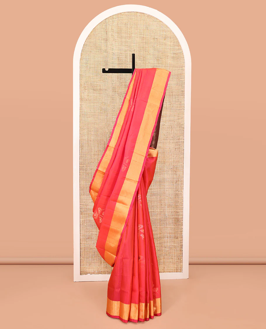 Pink Mayuri Lite Silk Mix Saree, Sparsely Woven with Zari Buttas on Its Body, Highlighted by Zari Bavanji Border, Complemented by a Contrast Pallu of Intricate Designs, and Paired with a Contrast Blouse