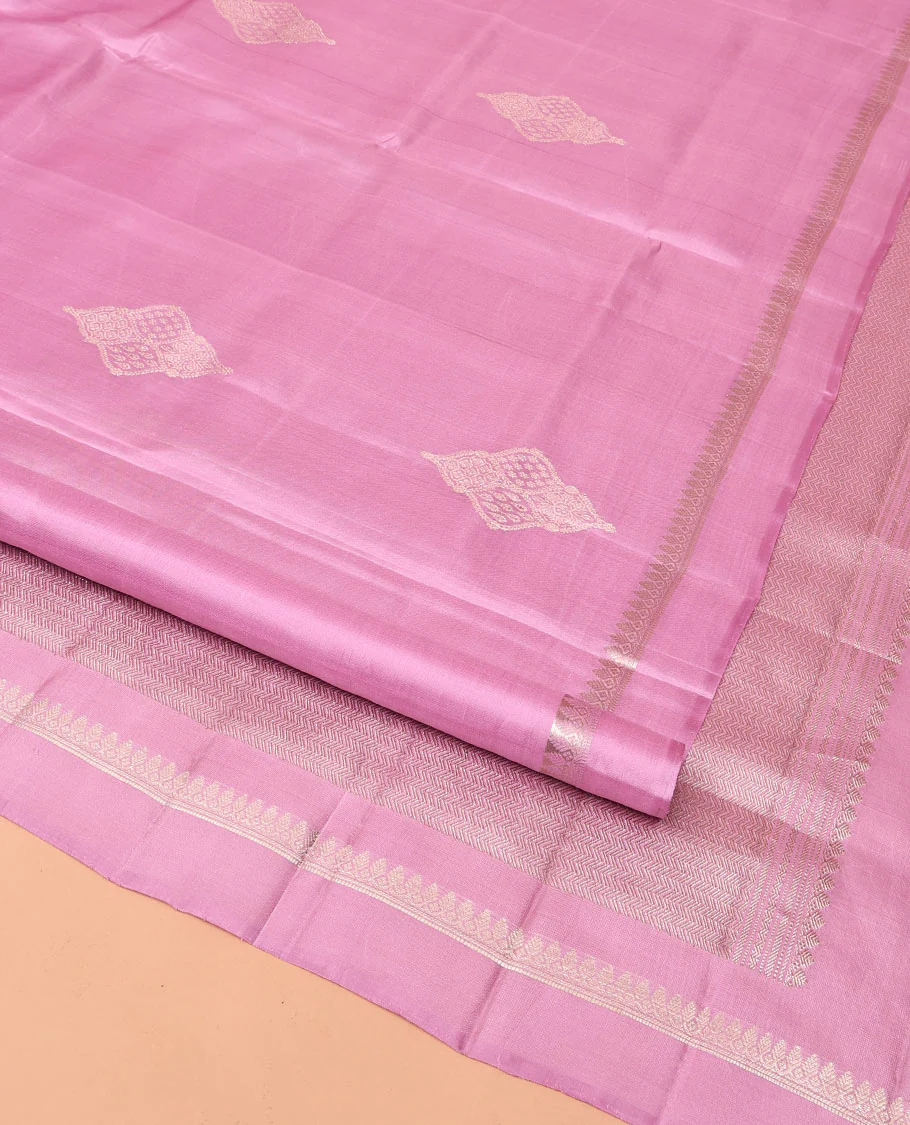 Pink Mayuri Soft Silk Saree, Embellished with Buttas All Over Its Body, Subtly Sparkled Kal Erangina Border of Thilakam Mokku Designs, Intricately Woven Pallu of Chevron Designs, and Paired with a Matching Blouse - Image 3