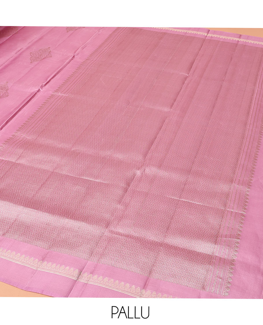 Pink Mayuri Soft Silk Saree, Embellished with Buttas All Over Its Body, Subtly Sparkled Kal Erangina Border of Thilakam Mokku Designs, Intricately Woven Pallu of Chevron Designs, and Paired with a Matching Blouse - Image 5