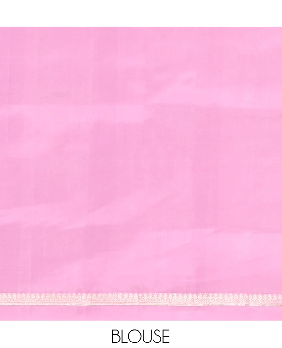 Pink Mayuri Soft Silk Saree, Embellished with Buttas All Over Its Body, Subtly Sparkled Kal Erangina Border of Thilakam Mokku Designs, Intricately Woven Pallu of Chevron Designs, and Paired with a Matching Blouse - Image 6