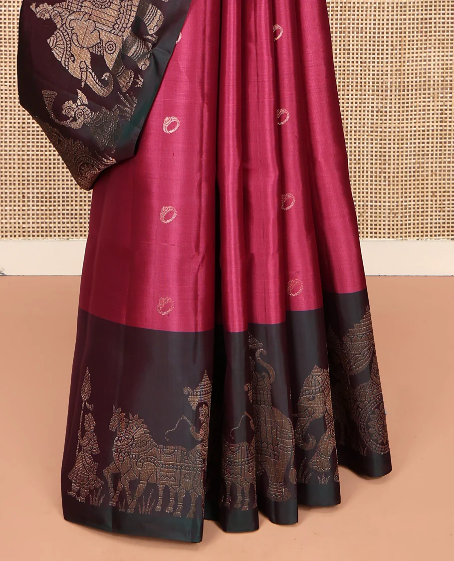 Pink Mayuri Soft Silk Saree, Enriched with Ring Motifs All Over Its Body, Complemented by Contrast Border of King-Queen in Wedding Palanquin Designs, Pallu Depicts Wedding Motifs, and Paired with a Contrast Blouse - Image 4