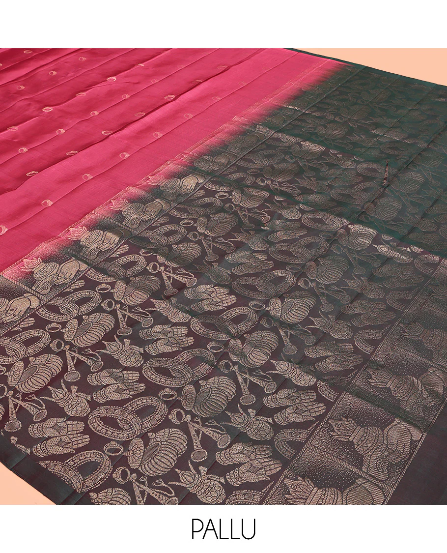 Pink Mayuri Soft Silk Saree, Enriched with Ring Motifs All Over Its Body, Complemented by Contrast Border of King-Queen in Wedding Palanquin Designs, Pallu Depicts Wedding Motifs, and Paired with a Contrast Blouse - Image 5