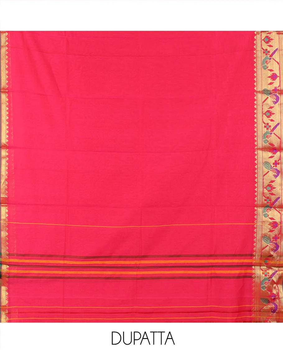Pink Mercerised Cotton Material Chudidar Set, Accentuated with Paithani Bordered Top, a Mercerised Cotton Bottom, and Paired with a Matching Mercerised Cotton Paithani Bordered Dupatta - Image 2