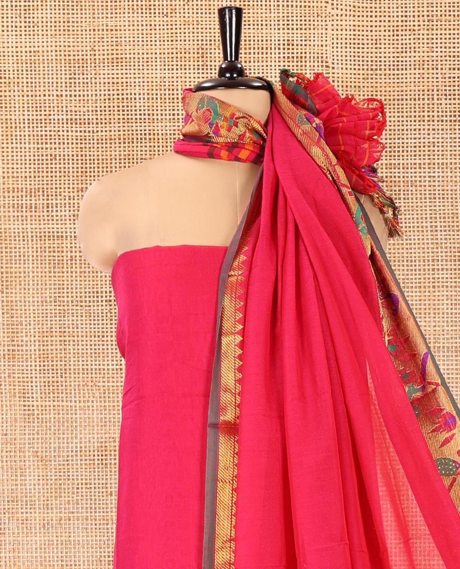Pink Mercerised Cotton Material Chudidar Set, Accentuated with Paithani Bordered Top, a Mercerised Cotton Bottom, and Paired with a Matching Mercerised Cotton Paithani Bordered Dupatta - Image 3