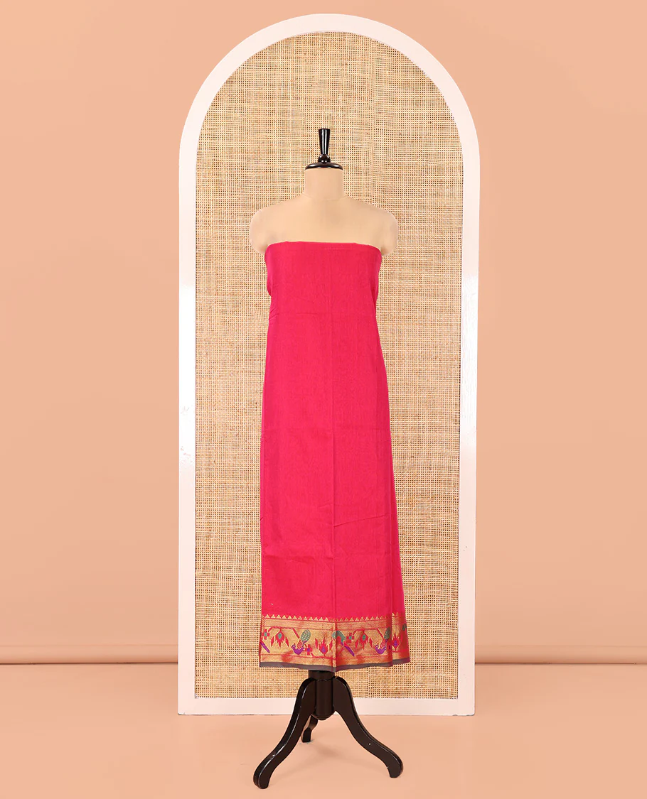 Pink Mercerised Cotton Material Chudidar Set, Accentuated with Paithani Bordered Top, a Mercerised Cotton Bottom, and Paired with a Matching Mercerised Cotton Paithani Bordered Dupatta - Image 4