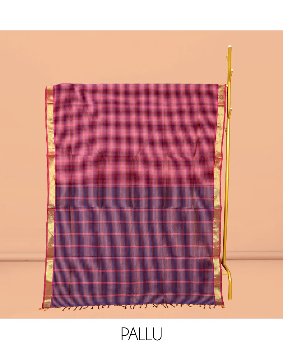 Pink Micro-Checked Poly Cotton Saree, Complemented by a Contrast Zari Border, Contrast Striped Pallu, and Paired with a Contrast Blouse - Image 2