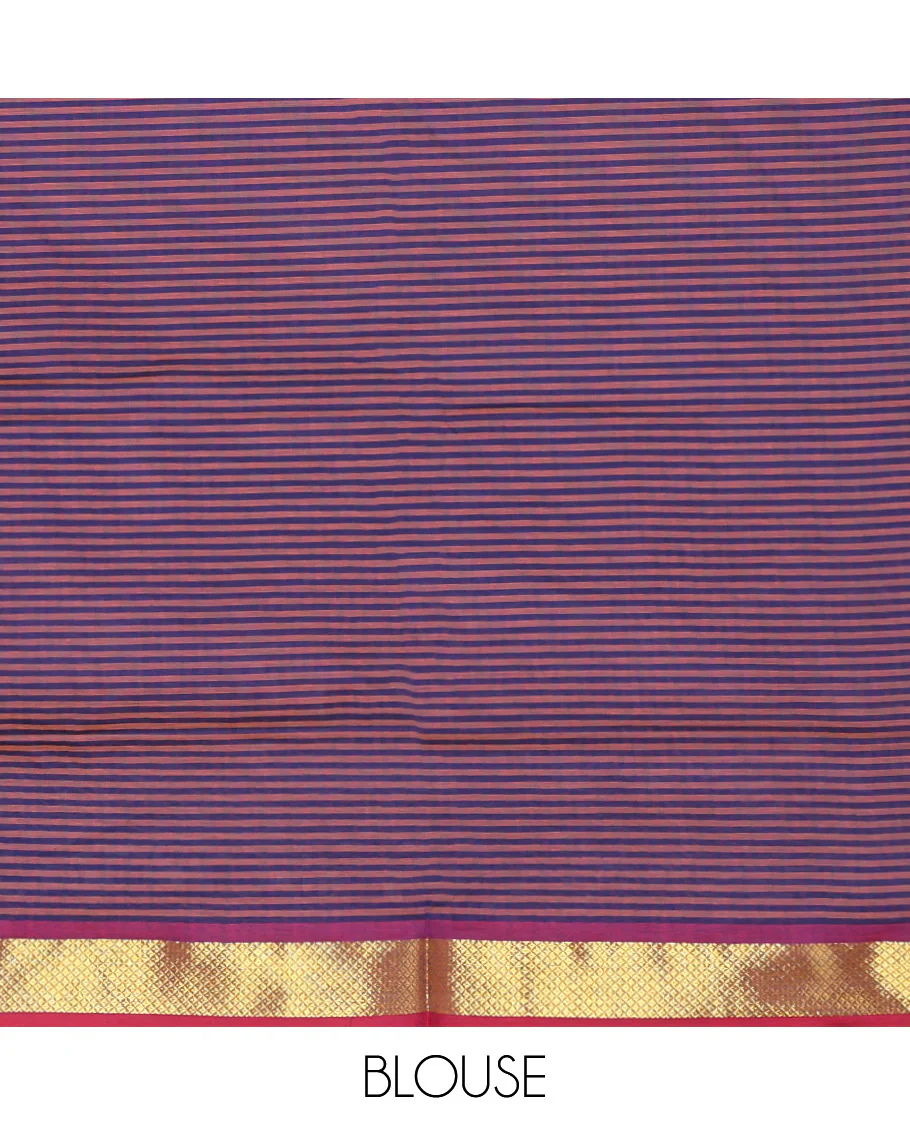 Pink Micro-Checked Poly Cotton Saree, Complemented by a Contrast Zari Border, Contrast Striped Pallu, and Paired with a Contrast Blouse - Image 3