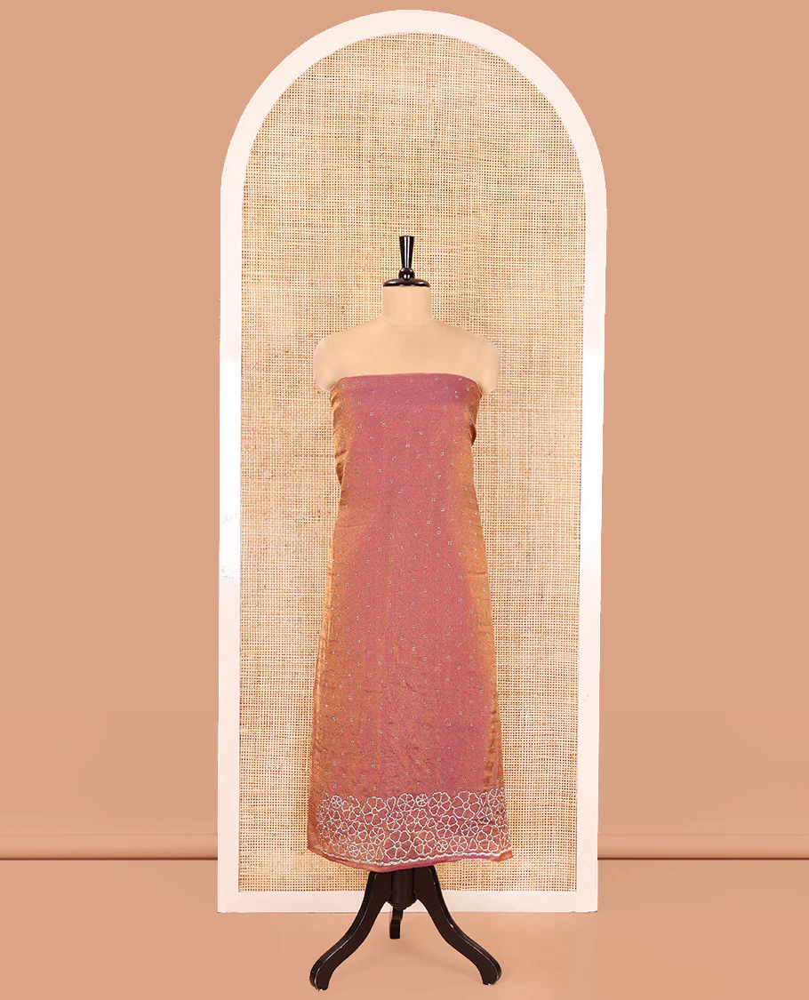Pink Moss Organza Material Churidar Set, Gleamed Up with Swarovski Stone Work-Style Floral Top, Comes with a Plain Santoon Bottom, and Is Paired with Swarovski Stone Work Moss Organza Dupatta - Image 4