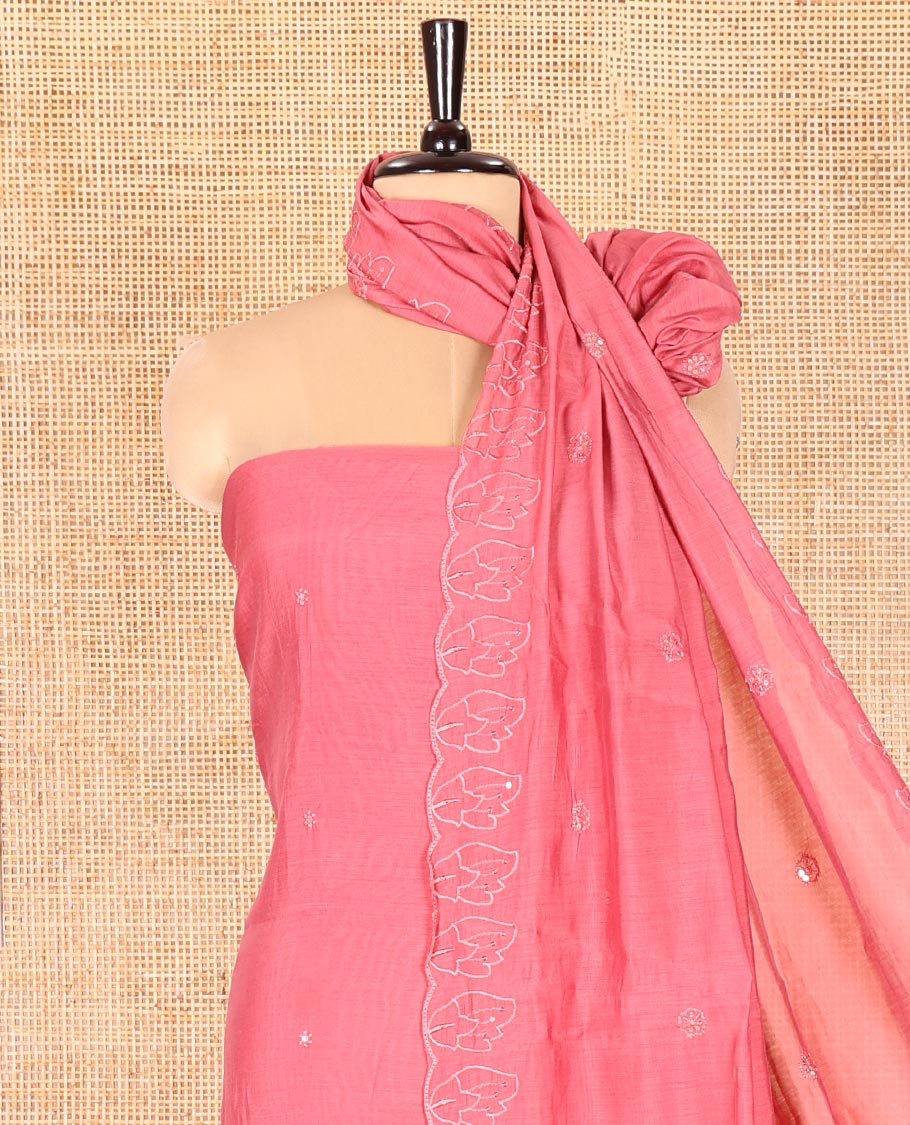 Pink Mul Chanderi Material Chudidar Set, Graced with Appliqué Floral Embroidery on Its Top, a Plain Santoon Bottom, and Paired Scallop Embroidered Mul Chanderi Dupatta - Image 5