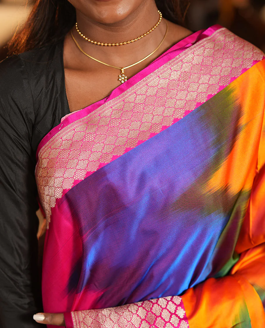 Pink-Multi-Color Mushru Silk Saree with Pochampally Weave, a Contrast Ogee Border, Grand Ogee-Patterned Pallu, and Contrast Blouse - Image 2