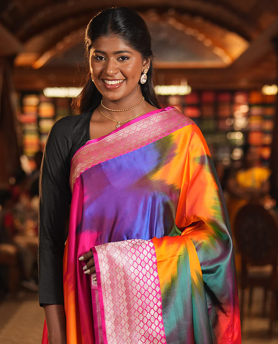 Pink-Multi-Color Mushru Silk Saree with Pochampally Weave, a Contrast Ogee Border, Grand Ogee-Patterned Pallu, and Contrast Blouse - Image 3