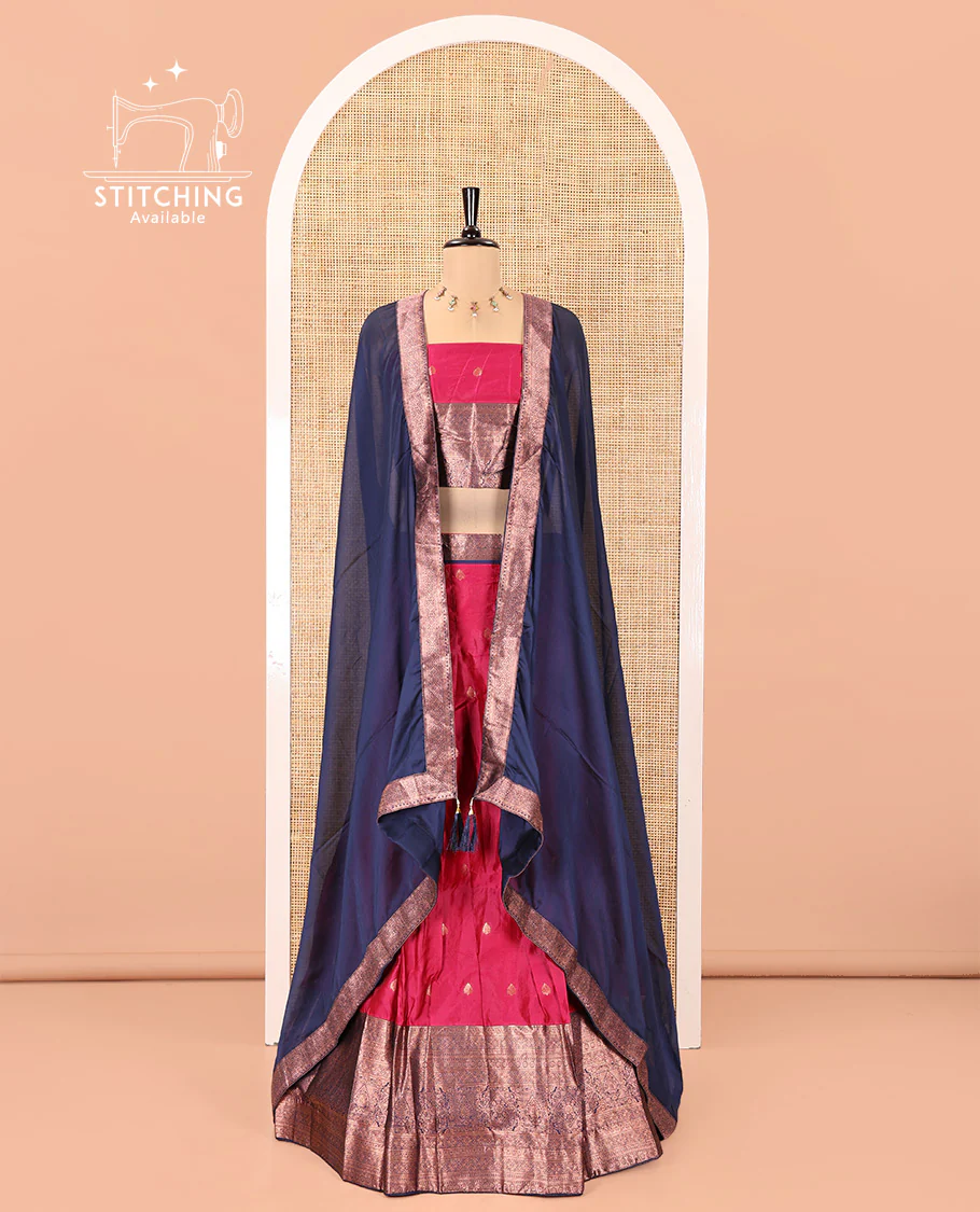 Pink-Navy Blue Semi-Banarasi Half-Saree Features Buttas on Skirt, a Contrast Traditional Zari Border, Matching Blouse, and Contrast Satin Georgette Dhavani - Image 2