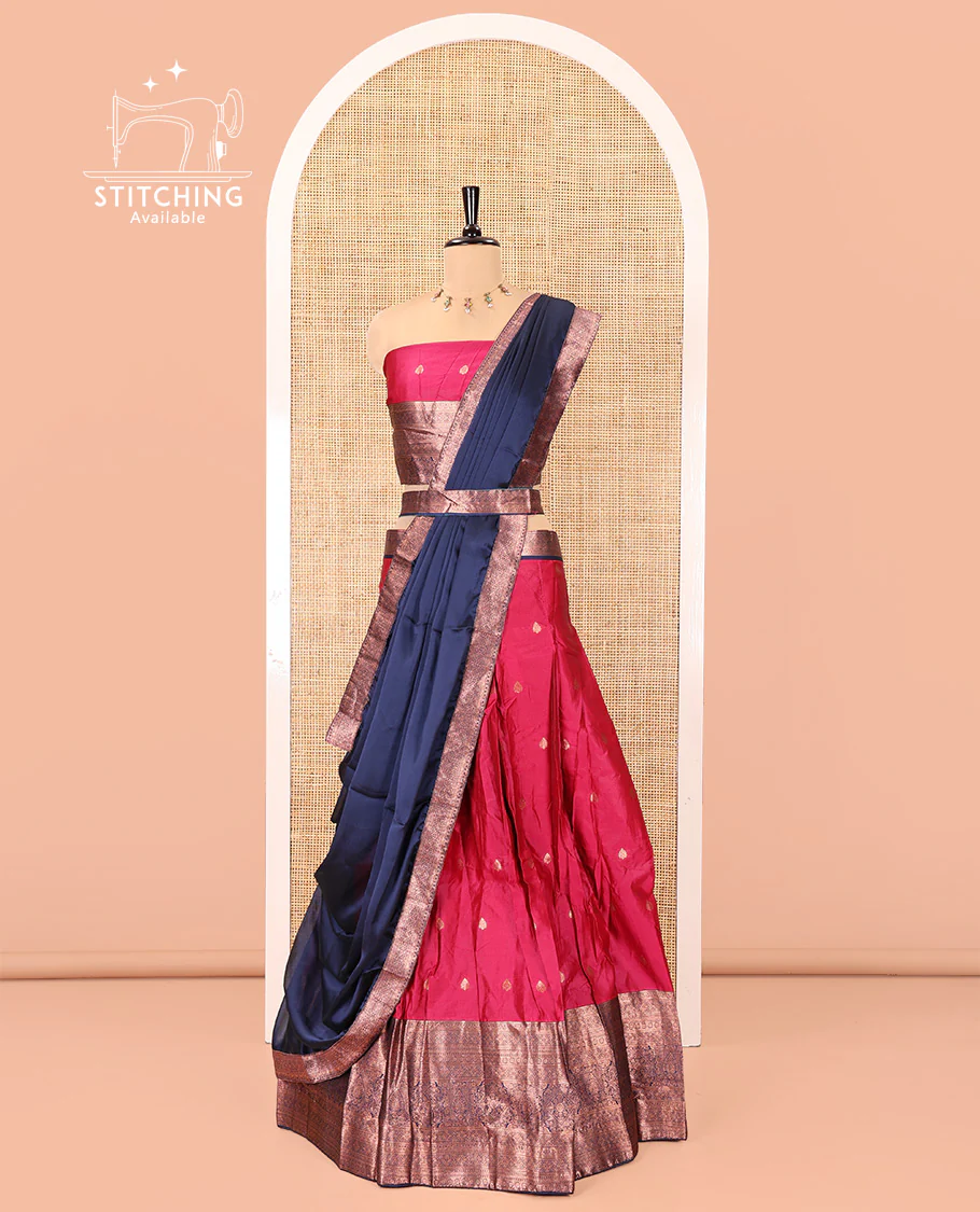 Pink-Navy Blue Semi-Banarasi Half-Saree Features Buttas on Skirt, a Contrast Traditional Zari Border, Matching Blouse, and Contrast Satin Georgette Dhavani - Image 3