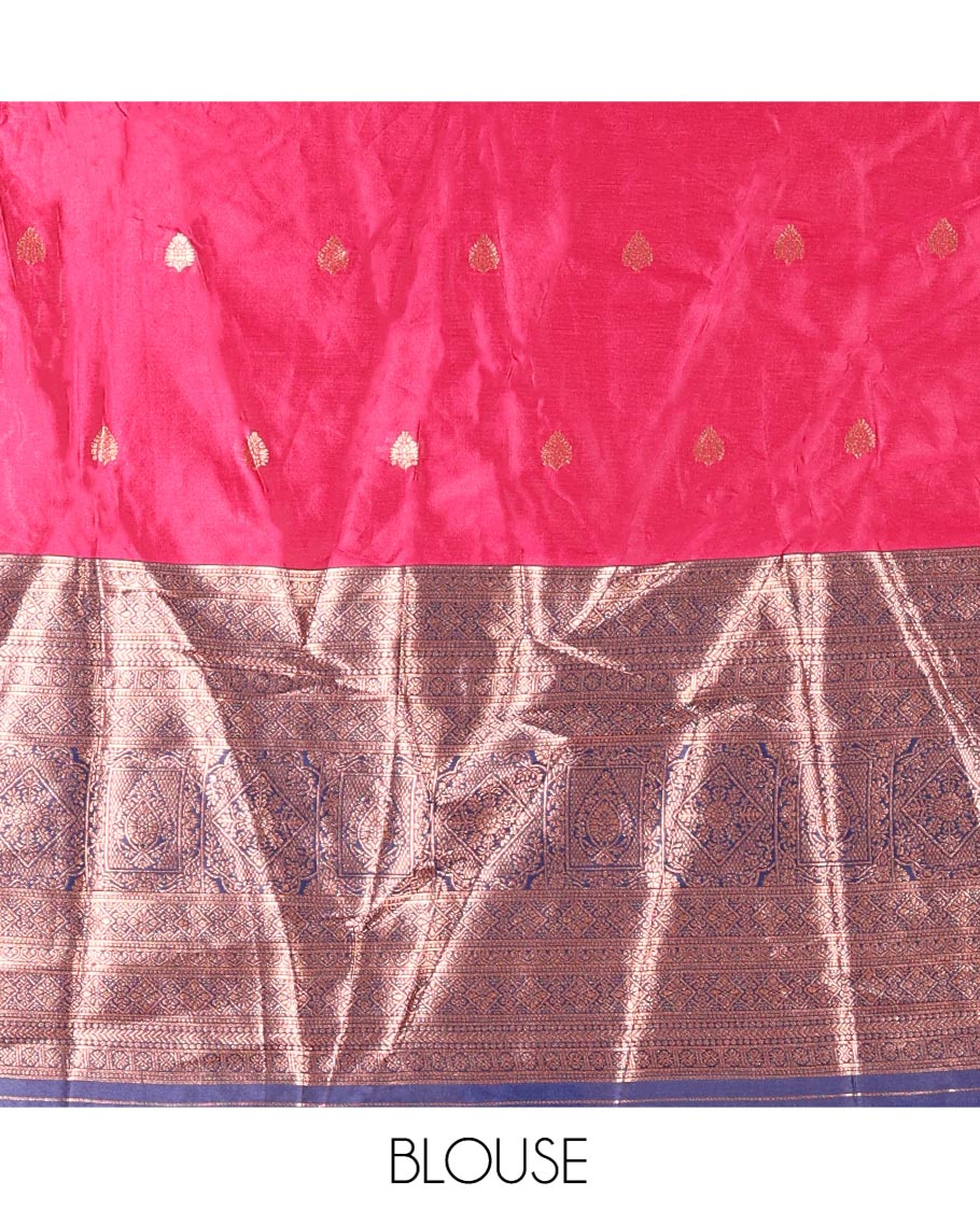 Pink-Navy Blue Semi-Banarasi Half-Saree Features Buttas on Skirt, a Contrast Traditional Zari Border, Matching Blouse, and Contrast Satin Georgette Dhavani - Image 4