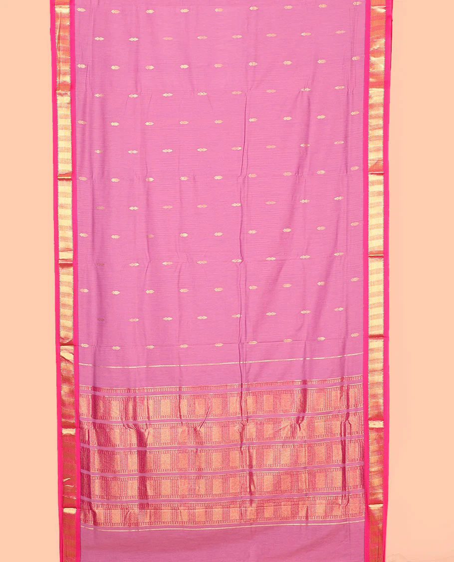 Pink Nine-Yard Art Silk Saree, Decorated with Buttas All Over Its Body, Complemented by a Contrast Traditional Zari Design Border, Pallu Steeped with Traditional Designs, and Comes Without a Blouse - Image 2