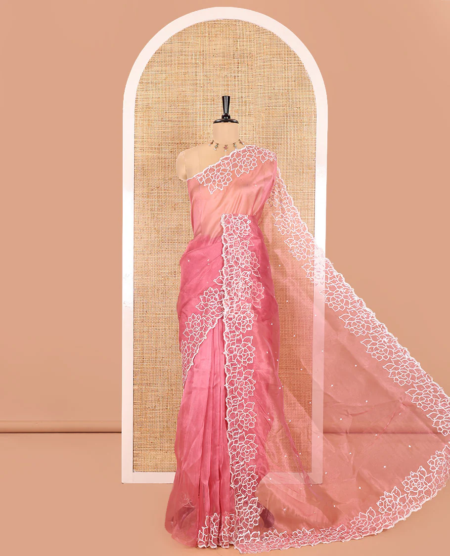 Pink Organza Saree, Subtly Sparkled with Embroidered Buttas Across Its Body, Highlighted by a Scallop Floral Thread Embroidered Border, a Self-Pallu, and Paired with a Matching Blouse