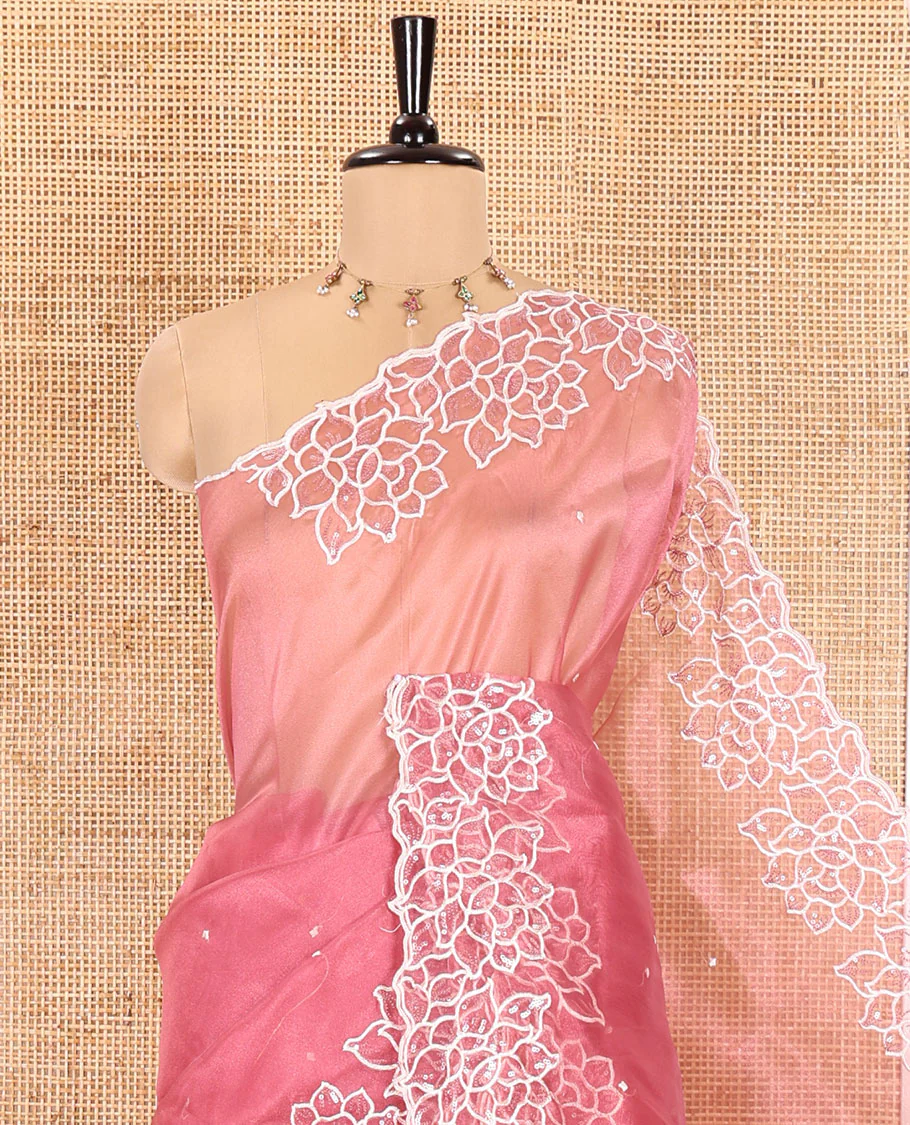 Pink Organza Saree, Subtly Sparkled with Embroidered Buttas Across Its Body, Highlighted by a Scallop Floral Thread Embroidered Border, a Self-Pallu, and Paired with a Matching Blouse - Image 2