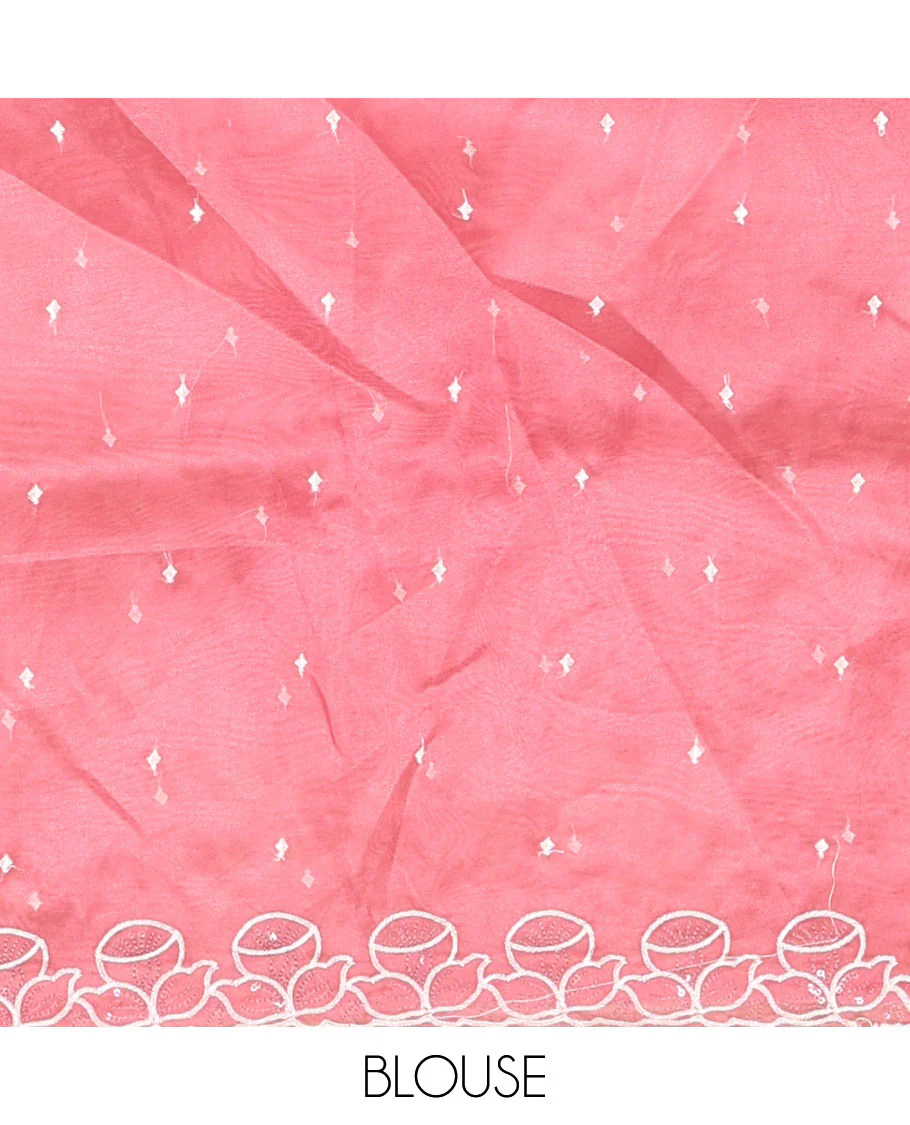Pink Organza Saree, Subtly Sparkled with Embroidered Buttas Across Its Body, Highlighted by a Scallop Floral Thread Embroidered Border, a Self-Pallu, and Paired with a Matching Blouse - Image 4