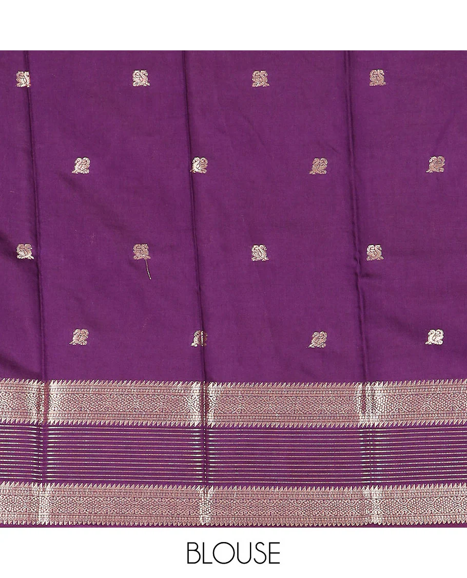Pink peacock buttas assam silk saree, contrast traditional zari border, and pallu of zari design - Image 4