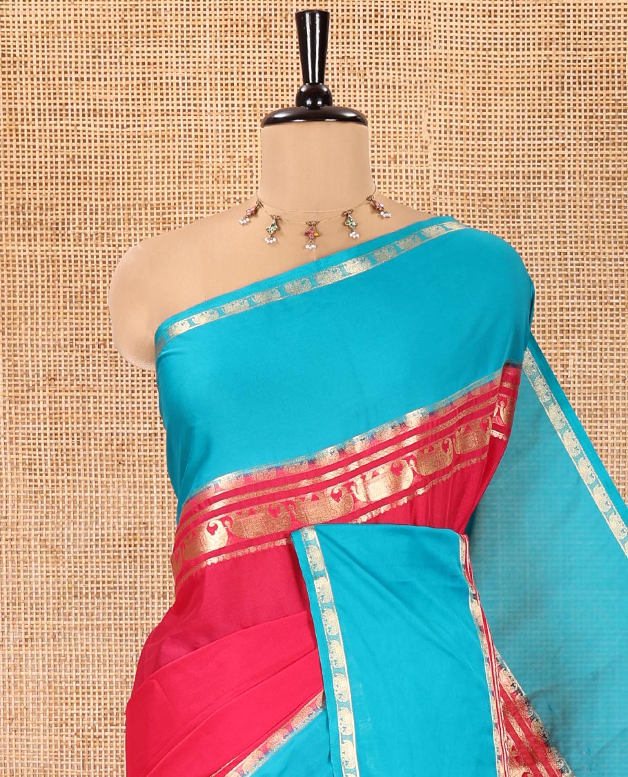 Pink Plain Art Mysore Silk Saree, Complemented by Captivating Contrast Rettai Pettu Traditional Border of Elephant Zari Buttas, Striped Pallu, and Paired with a Contrast Blouse - Image 2