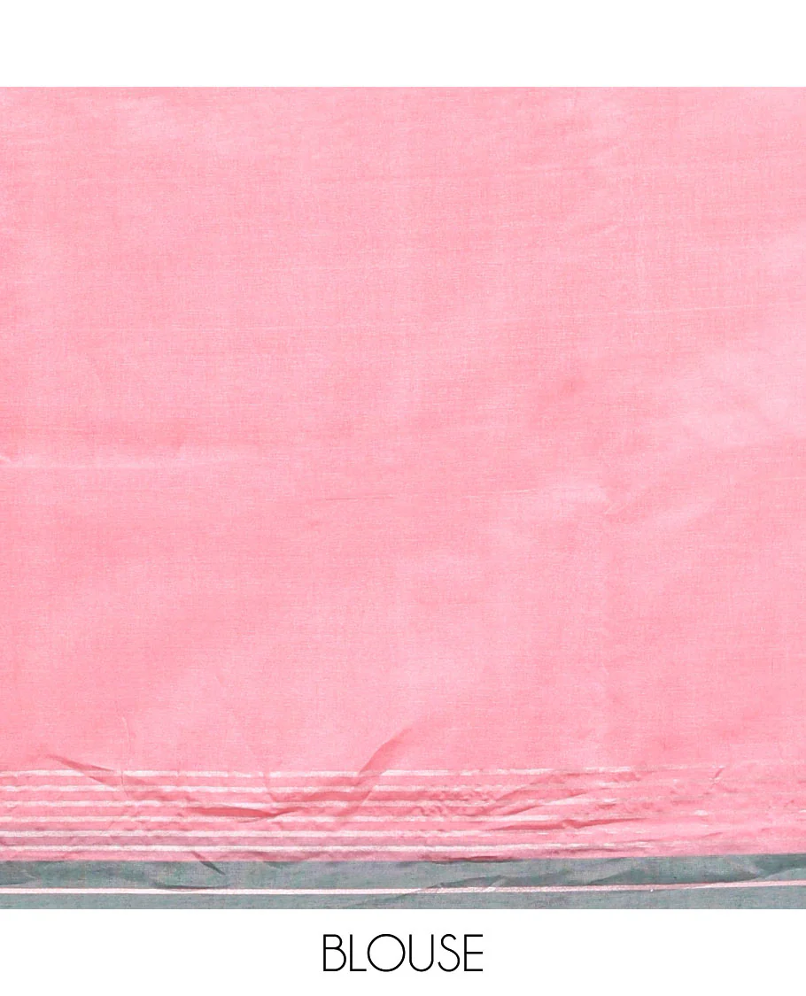 Pink Plain Banana Pith Saree, Subtle Contrast Striped Border, Pallu Steeped with Stripes, and Paired with a Matching Blouse - Image 5