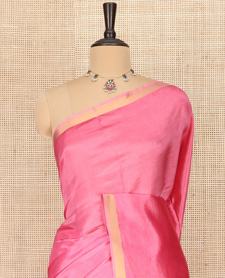 Pink Plain Banana Pith Saree Subtly Sparkled with Zari Bavanji Border, Gleaming Zari Stripes Woven Pallu, and Paired with a Matching Plain Blouse - Image 2